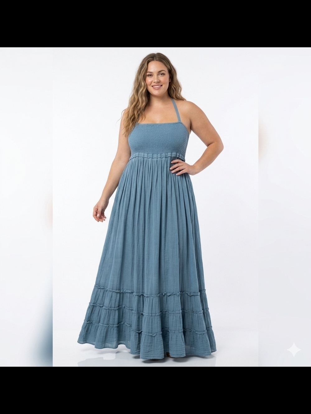 Smocked Halter Maxi Dress in Dusty Blue - Women